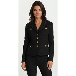 Chanel  Vintage Black Wool Jacket Blazer With Piping Trim FR 40 Medium